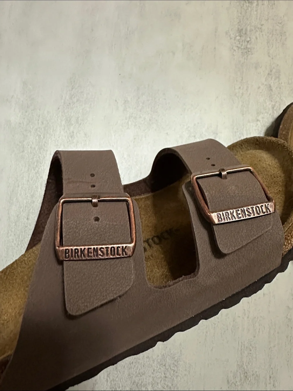 Birkenstock Men's Slide Sandals in Dark Brown (Mocha) with Copper Buckles